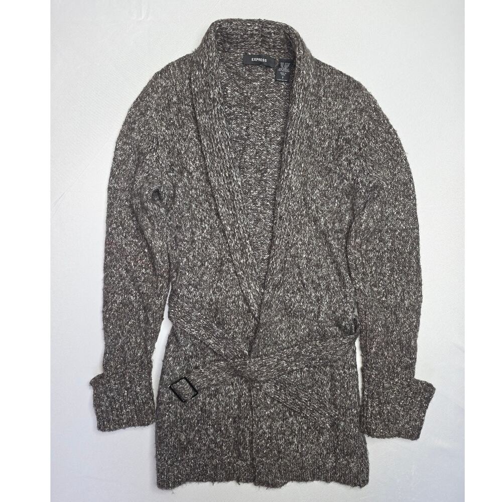 EXPRESS Cardigan Cozy Sweater Brown Wool Mohair Belted Wrap Collar Size S
